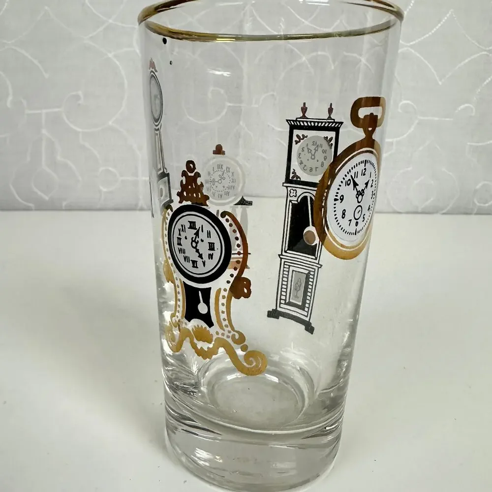 Libby Timepiece Clock High Ball Drinking Glasses Gold Black White Set of 10